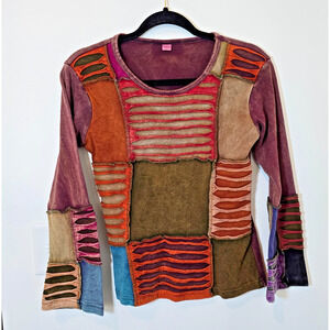 Vintage Long Sleeve Patchwork Top Sz M Boho Hippie Forest Goblin Nepal